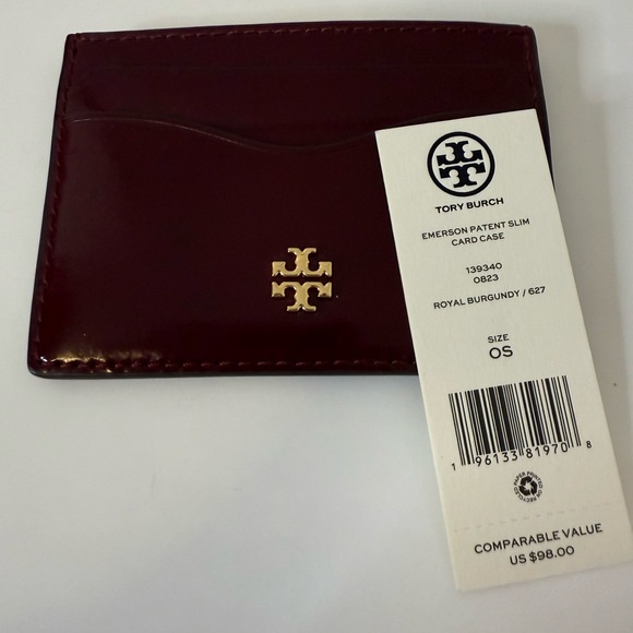 Tory Burch Emerson Patent Leather Slim Card Case Royal Burgundy NWT - Picture 3 of 4